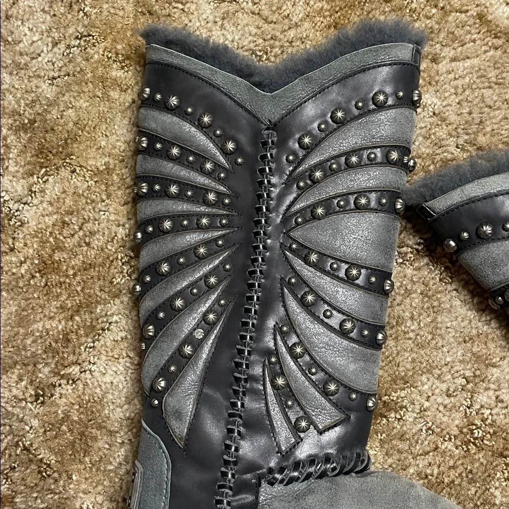 Australia Luxe Collective Gray & Black Studded Fur Boots‎ Size 6 Woman’s